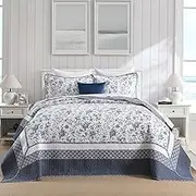 FineStichery Oversized Queen Bedspreads 120"x102", 100% Cotton Floral California King Quilt Extra Large Coverlet, Lightweight Farmhouse Quilted Bedding Set 3 Piece, Blue/White