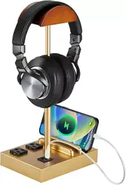 Headphone Stand Desktop Gaming Headset Holder with 2 AC Outlets and USB C&A Port