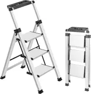 3 Step Ladder, Retractable Handgrip Folding Step Stool Ladders with Anti-Slip Wi