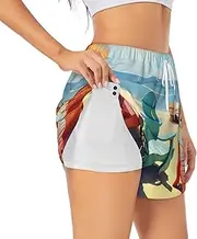[WURTON] Beach Chairs and Scenery Print Exercise Gym Workout Shorts Women's Athletic Shorts Dual-Layered Yoga Running Shorts