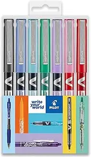 Pilot V5 Hi-Tecpoint Rollerball Pen - Fine 0.5mm Nib - Wallet of 7 - Black, Blue, Light Blue, Green, Violet, Pink, & Red Ink