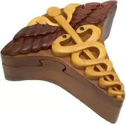 Caduceus Handcrafted Carved Intarsia Wood Puzzle Box Jewelry Trinket Box