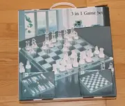Chess Checkers Backgammon 3 In 1 Game Frosted & Clear Glass pieces Set 12” Board