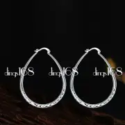 925 Sterling Silver Diamond-Cut 56x41mm Medium Size Drop Shape Hoop Earring B612