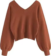 [ZAFUL] Women's Cropped Sweater V-Neck Long Sleeve Crop Sweater Pullover Jumper Knit Top