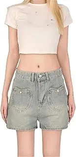 [Generic] Women's High Waist Love Pocket Denim Shorts Summer Streetwear Wide Leg Mini Trousers