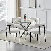Modern Round Glass Dining Table Set with 4 Grey Velvet Chairs Perfect for Small Spaces in Home Office Restaurant or Reception Area Includes 4 Beige Velvet Upholstered Chairs