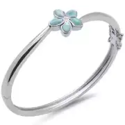 Natural Larimar Flower .925 Sterling Silver Bangle Bracelet