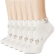 [bropapa] Women’s Ruffle Ankle Socks Vintage Patterned Fashion Short Dress Sock Cute Lettuce Embroidery Casual Floral Socks 6 Pack, 6pairs(cream White), 5-9