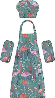 AIXIWAWA Kids Apron Chef Hat Set, Child Kitchen Bib Aprons Adjustable for Cooking Baking Painting (Cartoon Flamingos)