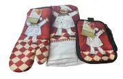 Kitchen 5 Piece Set Chef Wine Glass 2 Towels 2 Pot Holders, 1 Oven Mitt 100%