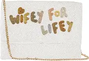 [Pretty Robes] WIFEY FOR LIFEY Bridal Clutch Purse, Wifey Bride Bag, Bride Clutch, Hand Beaded Bride Purse, Bridal Shower Gifts, Bride Purse for Bachelorette Party, Wedding Party, White, Small