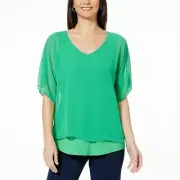 Nina Leonard V-Neck Chiffon Overlay Top Bright Green size 1X NWT