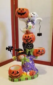 Halloween Figures 3 cup tea light holder, witch, cat, pumpkin, ghost stack 13 in