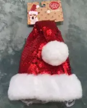 Dog Santa Clause Hat Shimmer Shine Sequin Christmas Holiday Tails L/XL