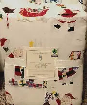 Pottery Barn Kids Organic Jolly Santa north pole Sheet set QUEEN Flannel