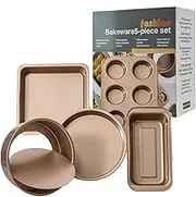 Baking Pans Nonstick Set, Bakeware Sets with Round Square Cake Pan, Muffin Pan, Loaf Pan, Roast Pan, Baking Sheets for Oven, Kitchen Cookware Sets Baking Supplies 5-Piece, Gold