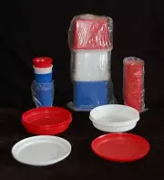 NEW Vintage Tupperware Red White Blue Set Cups Containers Plates Bowls #28