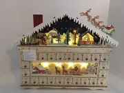 Wooden Large Ski Scene Light Up Advent Calendar Santa Reindeer Sleigh NEW