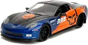[Jada] Toys Bigtime Muscle 1:24 2006 Chevy Corvette Z06 Die-cast Car – Opening Doors, Hood, Trunk, Rubber Tires(Metallic Blue/Orange)