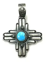 Navajo Sterling Silver Kingman Turquoise Old Style Zia Pendant By Kevin Billah