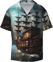 [HVTTIOR] Fantasy Pirate Ship Print Short Sleeve Shirt Cuban Collar Beach Casual Style Summer Vacation Relaxed Fit