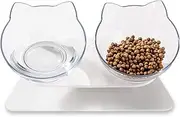 Mumoo Bear Elevated Double Cat Bowl-02 for Food and Water Tilted Food Bowl with Stand for Small Dogs Food Grade Material Nonslip Cat Dishes White and Clear