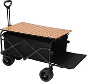 Jsasezr Collapsible Folding Wagon with Board Desktop, 10CM Wide Big Wheels with Brakes, Portable Large Wagon Cart, Bearing Capacity 175kg Beach Wagon, Outdoor Stroller Wagon - Black