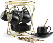 LYEOBOH Espresso Cups with Saucers Set, 3 Ounces Porcelain Coffee A-Black
