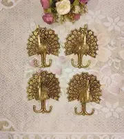 Peacock Bird Themed Cloth Wall Hanger Brass Peafowl Hook Set of 04 Pieces CA497