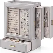 Vlando Jewellery Storage Jewellery Cabinet 5 Levels, Jewellery Box with Glass Lid, Large Side Drawers, Vertical Jewellery Organiser, Modern Jewellery Organisers, Grey