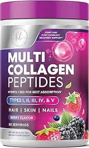 Collagen Peptides Powder - Multi-Collagen Hydrolyzed Protein Supplement - Skin, Hair, Joints & Nails, Keto, Paleo-Friendly, Grass Fed, Non-GMO, Type I & III, 30 Servings (10 oz) - Berry Flavored