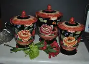 New Certified International s/3 Canister w/Lid PAMELA GLADDING Black Tapestry