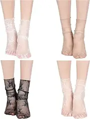 [Bencailor] 4 Pairs Women Sheer Slouch Socks Lace Socks Mesh Socks Novelty Decorated Socks Nylon Socks Loose Ankle High