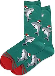 [Hot Sox] Women's Winter Holiday Fun Crew Socks-1 Pair Pack-Cute & Funny Gifts-Christmas and More, Santa Shark (Green), 4-10