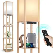 [OUTON] Floor Lamp Shelf with Remote Control, Dimmable & 4 Colour Temperature Adjustable, 1H Timer, LED Floor Lamp with 2 USB Ports, Floor Lamps with Lampshade for Living Room, Bedroom, Office, Wood