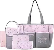 Diaper Bag Tote 5 Piece Set with Sun, Moon, and Stars, Wipes Pocket, Dirty Diaper Pouch, Changing Pad (Grey/Pink)