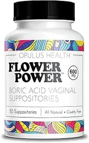 Flower Power Vegan Boric Acid Suppositories - 30 Count - 600mg for Vaginal Odor and pH Balance - Made in USA