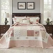 SahSahCasa 120"x120" 100% Cotton Oversized California King Patchwork Bedspread Coverlet Quilt Set, Floral Cal King Quilted Bedspread Extra Large Quilt, XL Bed Spread Lightweight Comforter, Pink/Cream