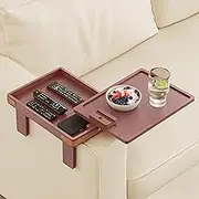 Wealone Rose Brown Sofa Armrest Tray with Storage Box, Bamboo Couch Arm Table with 360° Rotating Tabletop and Phone Stand, Adjustable Sofa Arm Clip Table for Wide Couch, Arm Tray for Dining(Patented)