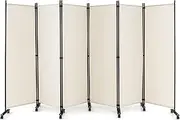Costway 6 Panel Room Divider on Wheels, 5.6Ft Tall Rolling Privacy Screens, Portable Freestanding Fabric Screen Divider, Porch Shading Partition, Partition Wall Dividers for Indoor, Home (White)