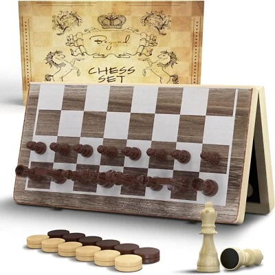 15" Magnetic Wooden Chess Checkers Set Folding Portable Chess Game Board