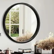 Furb Round Wall Mirror, 100cm Circular Bathroom Mirror, Black Wood Frame, Decorative Hallway Entryway Mirror