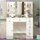 10 LED Lights Mirror Dresser Desk Vanity Set Makeup Dressing Table + Stool