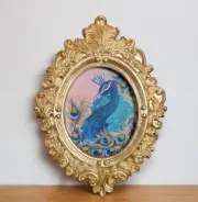 Peacock mini art print of acrylic painting in vintage style gold ornate frame