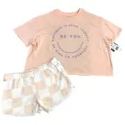 Grayson Threads Kids Girls Size M 8 Top & Shorts 2 PC Set Happy Face Check Pink