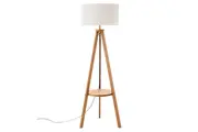 New Oriental Miya Rubberwood Tripod Floor Lamp W/ Round Shelf Linen Shade - Off White/Natural