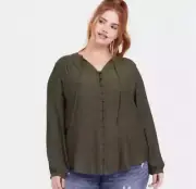 Torrid Tunic Top Womens 6 Green Crepe Button Front Tie Neck Long Sleeve NWT