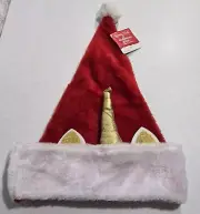 Santa Clause Unicorn Hat Plush Horn And Ears Red Christmas Cap New