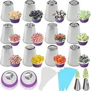 iDopick 69 Pcs Russian Piping Tips Set, 12 Different Flower Nozzles Russian Icing Piping Nozzles Cake Cookies Decoration Tips Home Baking DIY Tool with 2 Leaf Piping Tips 2 Coverter and Pastry Bags